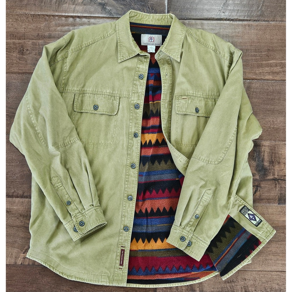 Southwestern Utility Soul Shacket Mens L Olive Green Fleece Lined Aztec Canvas